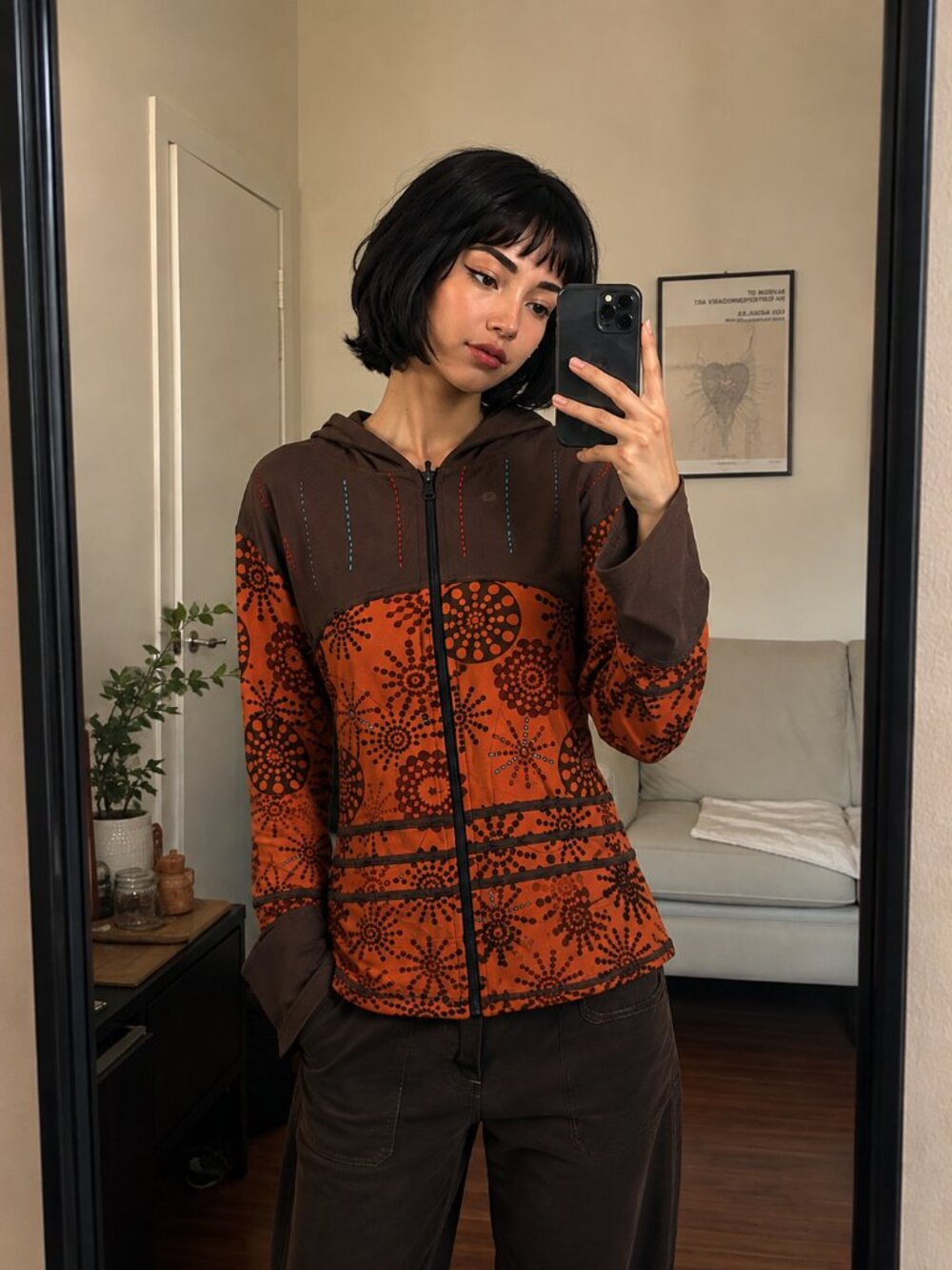 Yak N Yeti Boho Whimsy Orange & Brown Zip Hoodie 100% Cotton Size Small